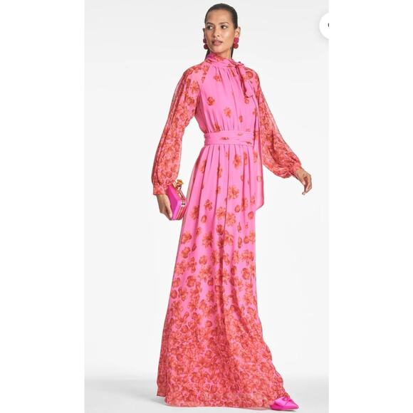 Sachin & BabiVera floral-print chiffon gownPink Red Floral Naxi Dress Sz 0 XS - Picture 8 of 16